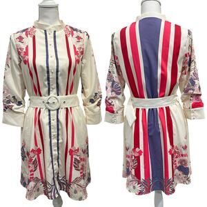 Ciebon Suzette Mixed Print Mini Shirt Dress Pink Multi Striped Floral Belted